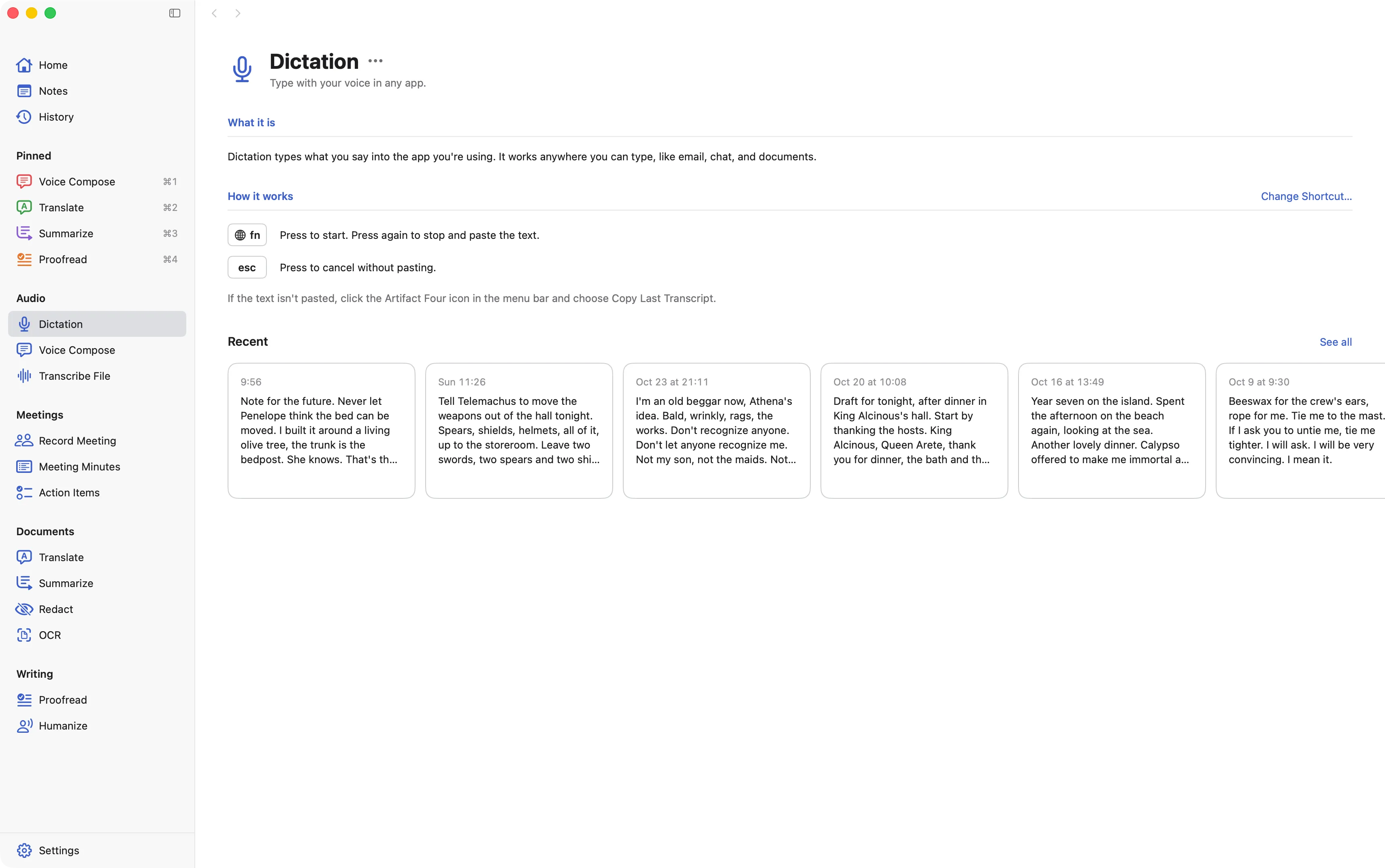 The Dictation page, with its shortcut keys and recent dictations.