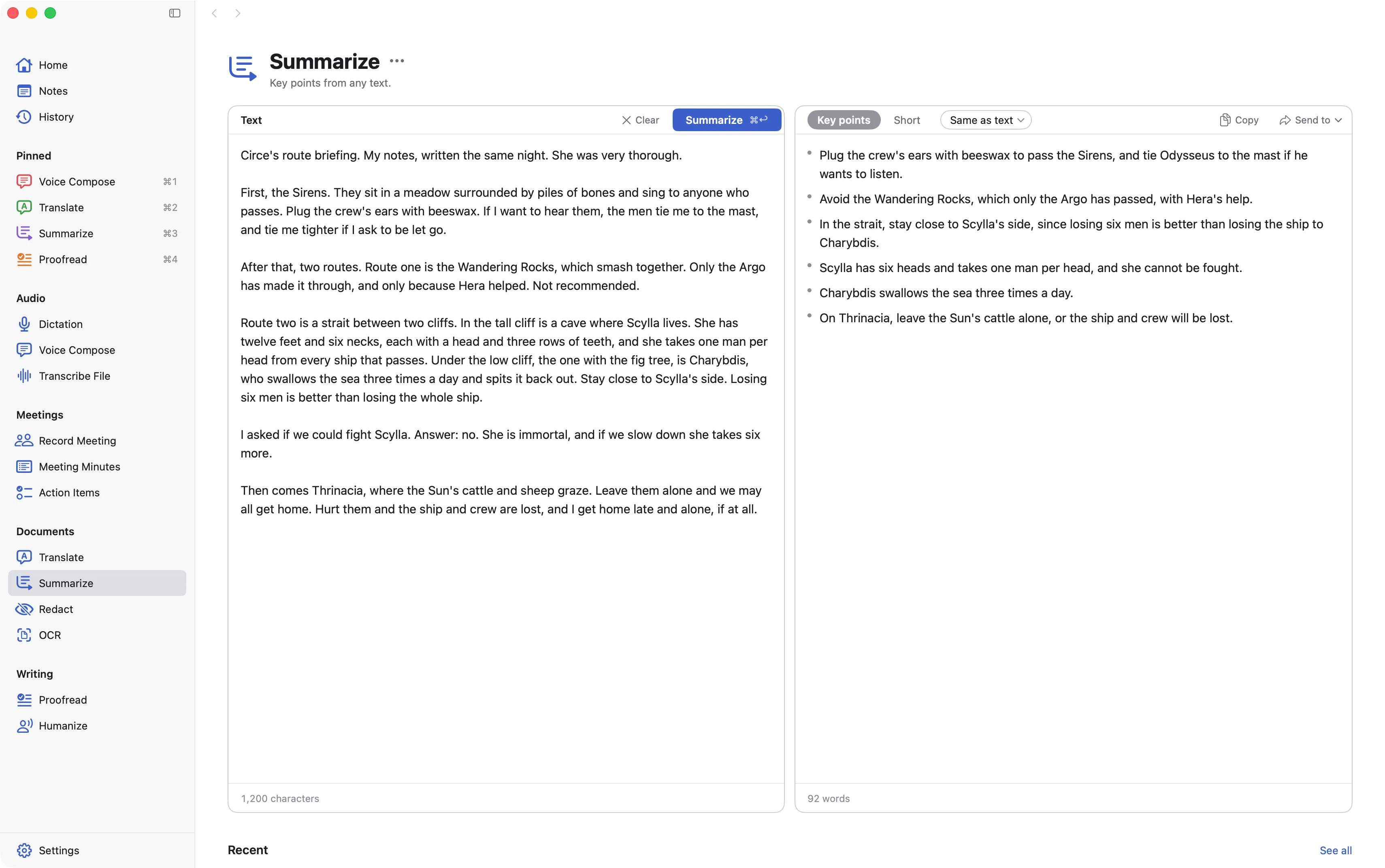 Summarize, with long notes on the left and their key points on the right.