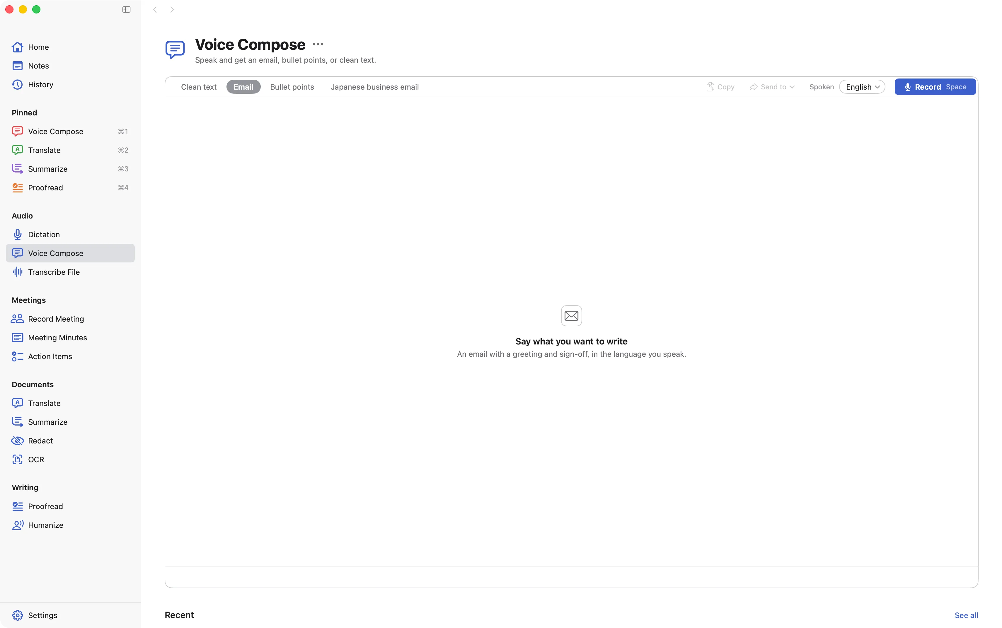 The Voice Compose page, ready to record, with formats for an email, bullet points, or clean text.